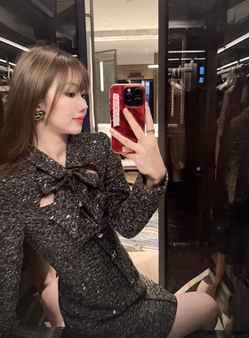 宁芙心心 坠入银河 银灰闪闪粗花呢蝴蝶结挖空收腰原创连衣裙