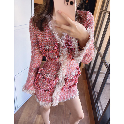 小香风桃花粉粗花呢新款