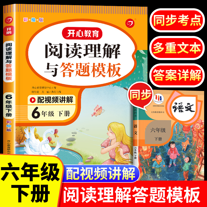 2023新版六年级下册开心阅读理解与答题模板小学语文六年级阅读理解训练题人教版每日一练 6下学期课外阅读理解强化专项训练书-封面