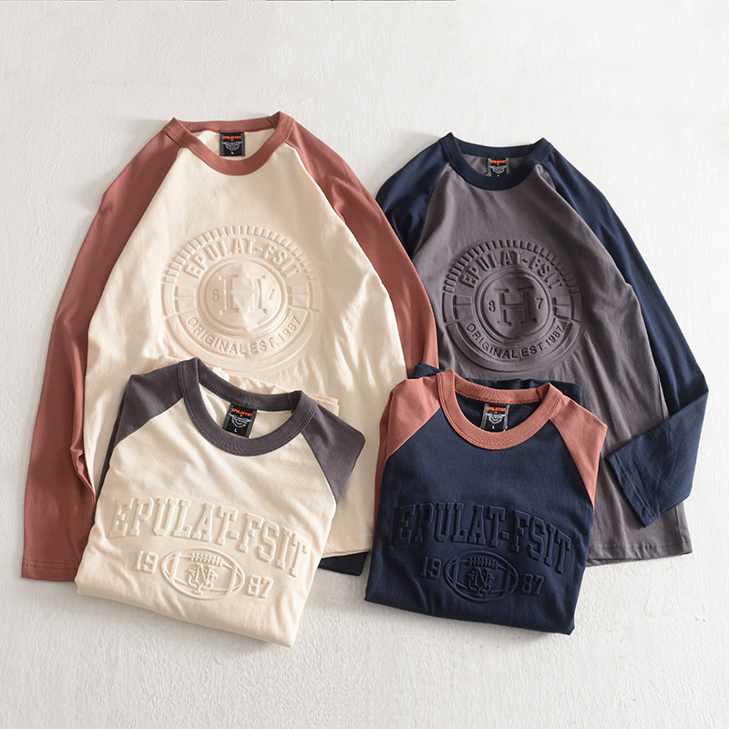 插肩撞色秋季长袖t恤男春秋设计感小众打底衫纯棉休闲字母印花潮