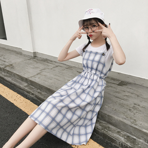 RY1848#日系小清新学院风复古文艺格子棉麻连衣裙吊带长裙背带裙