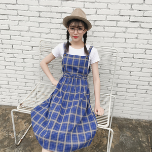 RY1848#日系小清新学院风复古文艺格子棉麻连衣裙吊带长裙背带裙