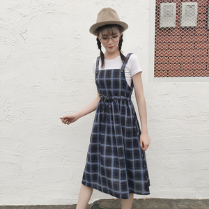 RY1848#日系小清新学院风复古文艺格子棉麻连衣裙吊带长裙背带裙