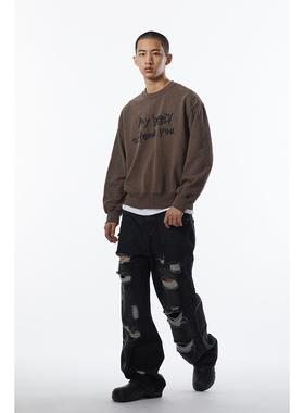 MUZEDU X RH“我的美丽冒犯你”美拉德水洗咖色标语印花重磅卫衣