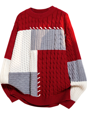 秋冬新款情侣装男女款宽松潮牌贺岁款红色本命年毛衣男毛线衣男圆