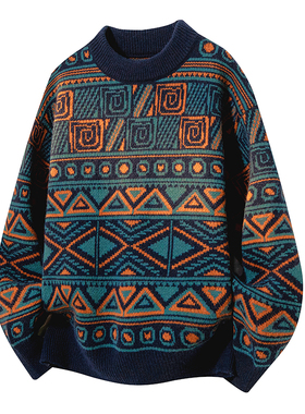 新款圆领民族风加厚宽松情侣款毛衣男针织衫男外套男毛线衣上衣