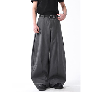 男阔腿裤 春夏季 男潮牌宽松休闲裤 老钱风条纹褶皱弯刀西裤 直筒 新款