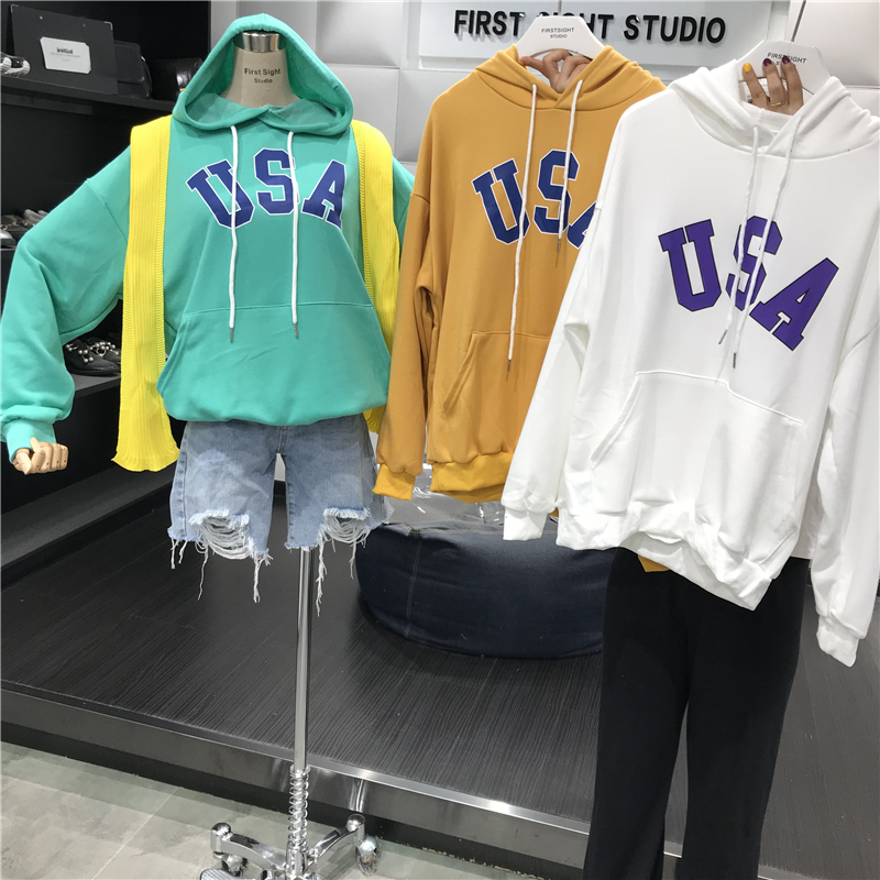 2019秋季新款时尚字母USA印花宽松学院风套头学生长袖连帽卫衣女