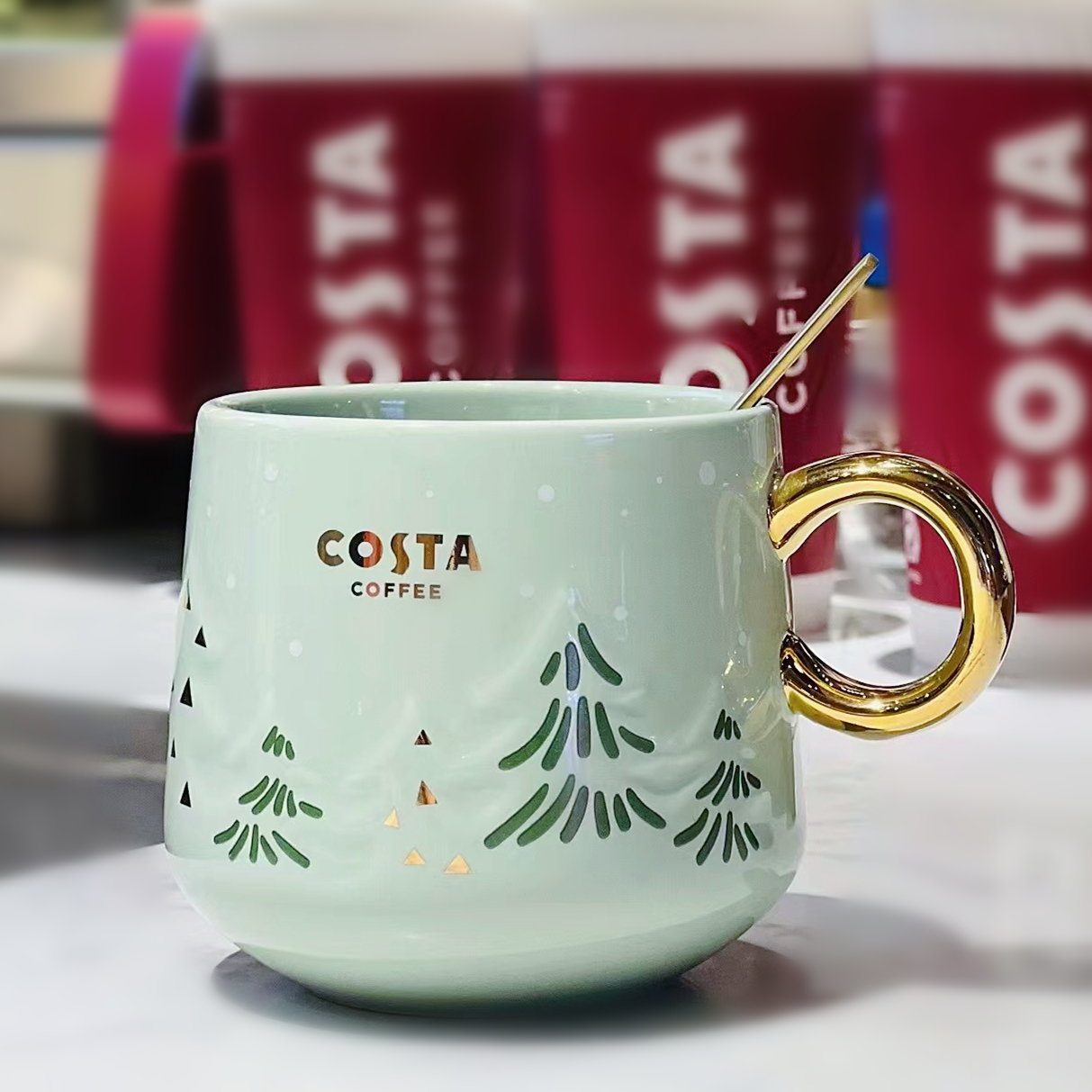 COSTA马克杯林中雪夜带勺子薄荷绿陶瓷礼盒特价圣诞夏季冰杯送人