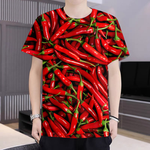 2025夏季辣椒茄子搞怪3D印花短袖T恤圆领直播带货喜庆上衣百搭潮