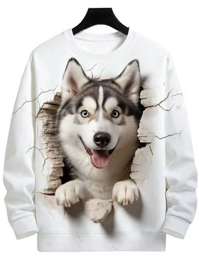 哈士奇3D数码印花圆领卫衣男女同款萌宠可爱搞笑上衣春秋休闲外套