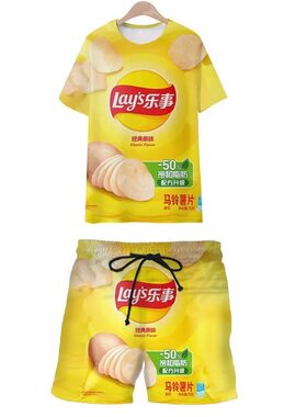 2025夏季趣味乐事薯片系列T恤3D印花新款青少年个性时尚潮流套装