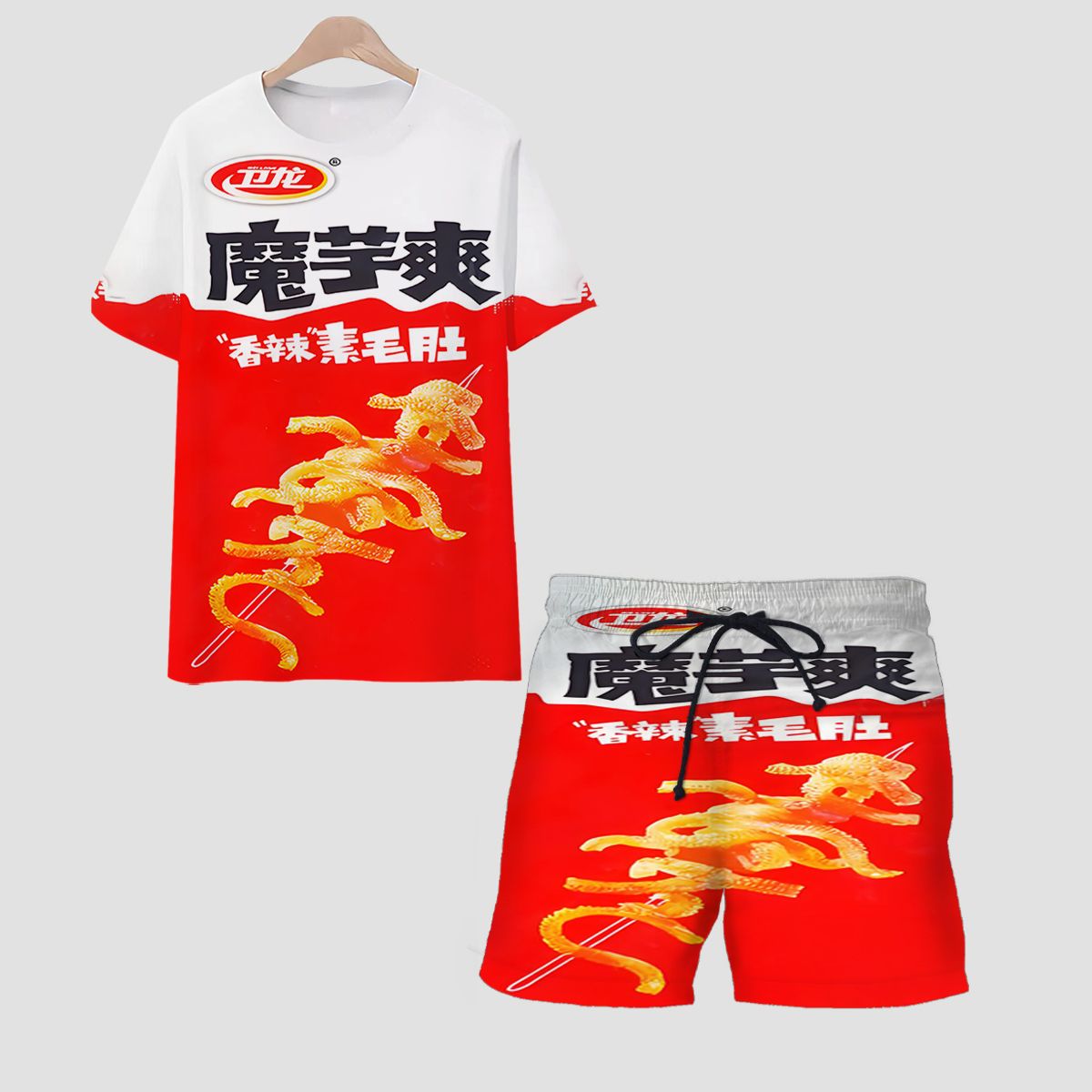 夏季魔芋爽大面筋3D短袖短裤男女炸街潮流辣条元素休闲搞笑套装