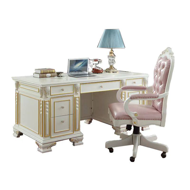 欧式实木书桌美式别墅大班台电脑桌高档办公桌白色书桌椅组合定制