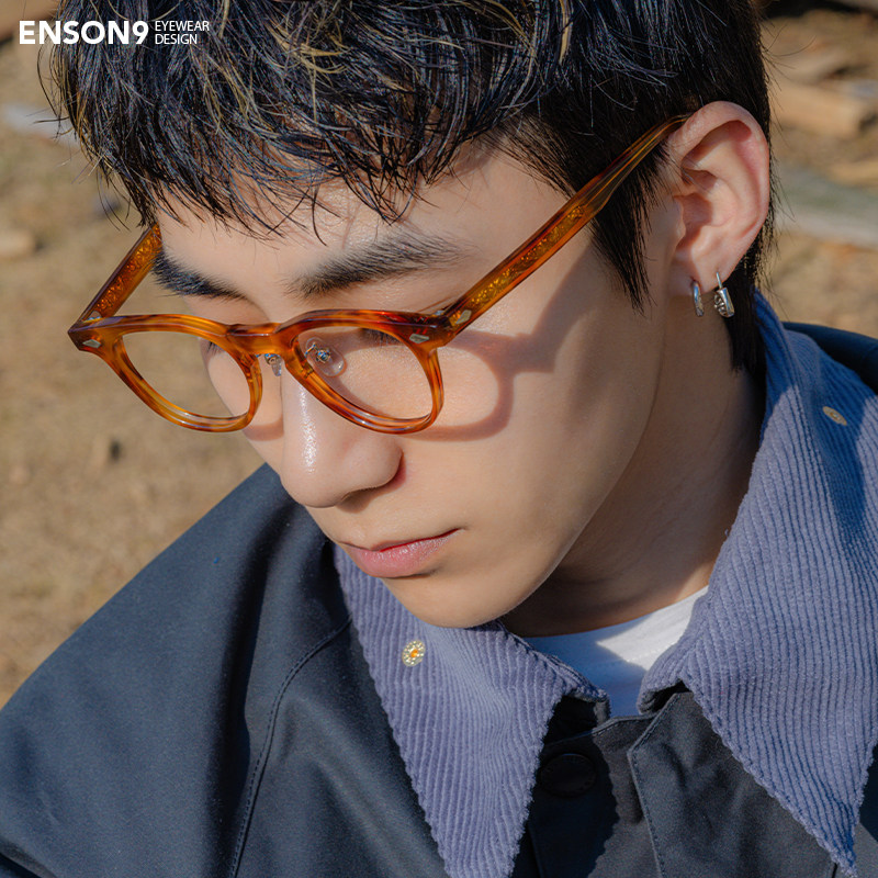 enson9中式复古花纹铰链眼镜潮男女 板材方框半透明近视平光镜架