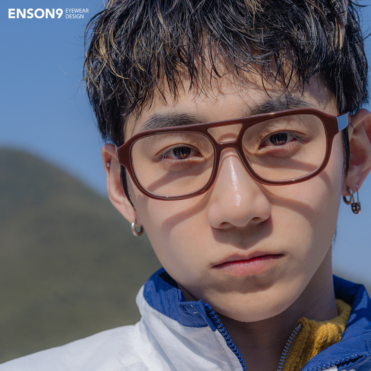 enson9日系复古飞行员超大框眼镜潮男 茶色板材黑框近视平光镜架
