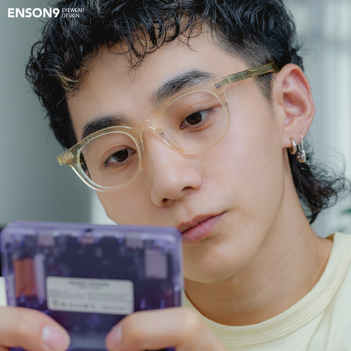 复古透明浅黄色小方框眼镜潮男