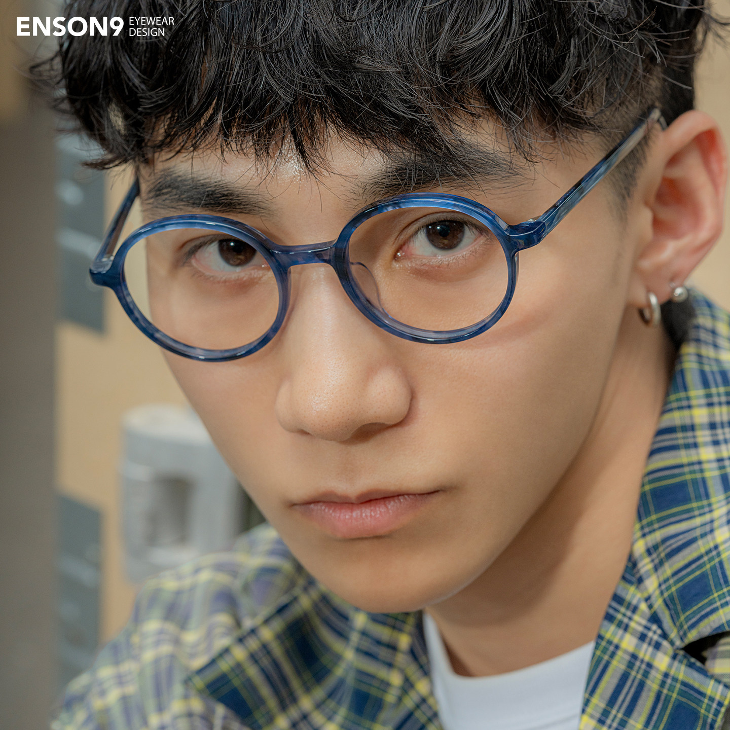 enson9复古细框板材大圆框眼镜潮男女 半透明玳瑁色近视平光镜架