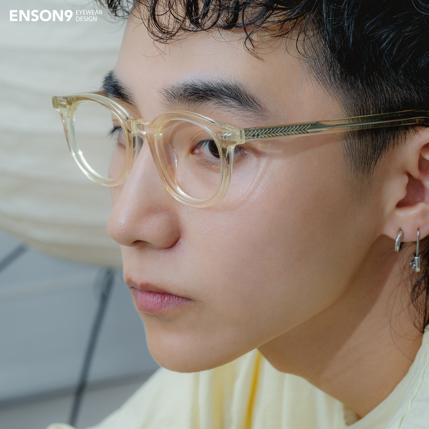enson9复古透明浅黄色小方框眼镜潮男 板材粗框极简近视平光镜架