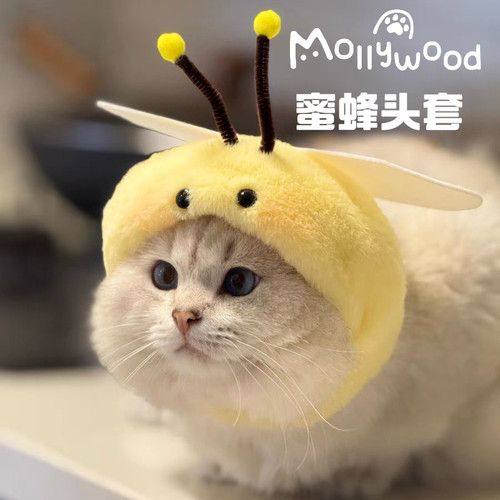 Mollywood猫来屋 蜜蜂头套 猫咪变装帽  猫咪头套 毛绒
