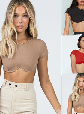 Sexy cropped waistless tied up abdominal T-Shirt短款露腰腹肌
