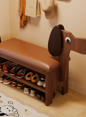 实木小狗换鞋凳家用门口鞋柜坐凳一体入户可爱创意收纳鞋架穿鞋凳