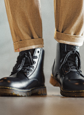 马登黑色马丁靴男款冬季中高帮休闲皮鞋爆款加绒英伦风工装靴子