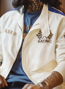 马登工装 美式复古拼色刺绣赛车夹克F1车手服休闲棒球领外套男春
