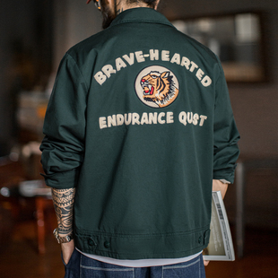 外套男春 复古刺绣教练夹克翻领墨绿色纯棉重磅长袖 马登工装 美式