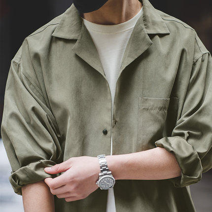 马登工装法式复古磨毛长袖古巴领薄衬衫外套那不勒斯美式衬衣男夏
