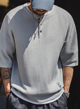 马登工装美式竹节纹亨利衫短袖老钱垂感针织灰色宽松半袖T恤男夏