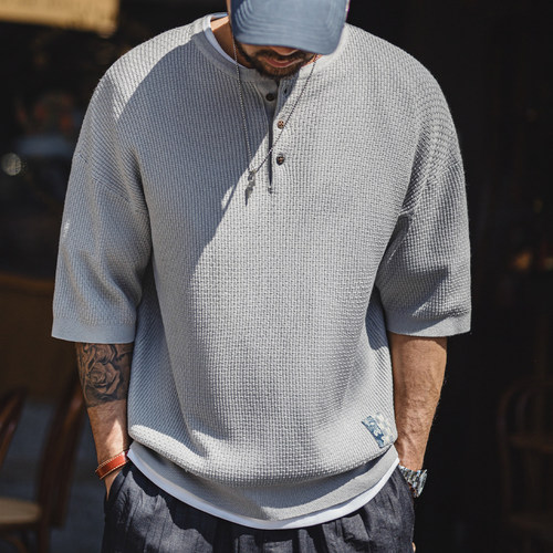 马登工装竹节老钱垂感亨利领短袖