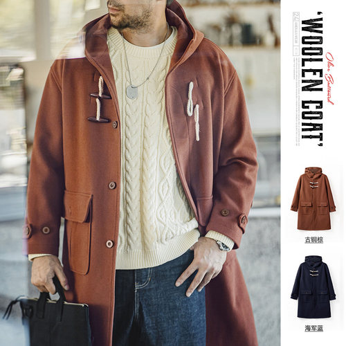 马登工装美式牛角扣连帽毛呢大衣