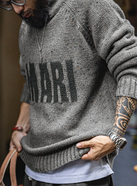 马登工装美式复古灰色提花毛衣立领垂感套头针织衫保暖外套男秋冬