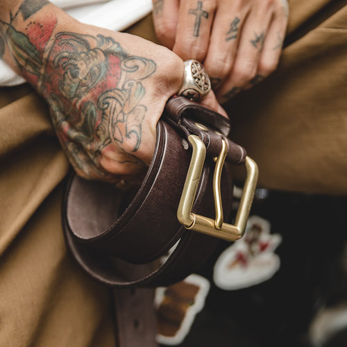 工装复古风黄铜铜牛皮腰带