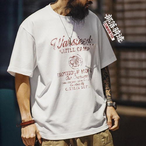 马登工装美式复古做旧字母印花体恤落肩宽松短袖T恤薄款上衣男夏