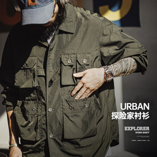 马登工装美式复古猎装衬衫薄款梭织多口袋军绿色长袖衬衫外套男春