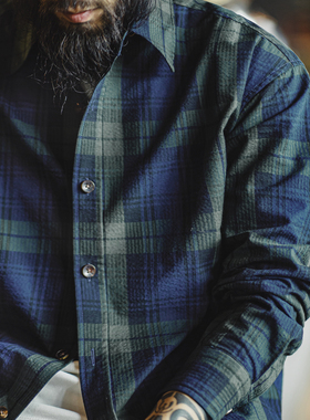 马登工装美式复古蓝绿色格子衬衫外套纯棉肌理感长袖薄款衬衣男秋