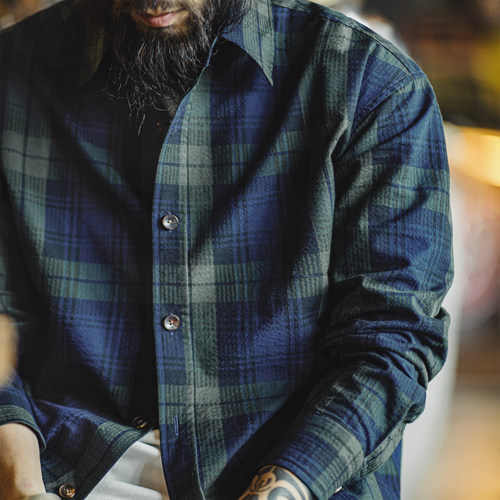 马登工装复古苏格兰格纹衬衫外套