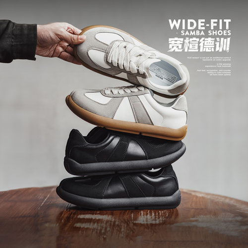 马登宽头德训鞋经典薄底宽楦黑白色复古百搭底休闲阿甘鞋软底男款