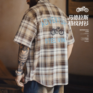 马登工装美式复古宽松格子短袖印花衬衫日系休闲风薄款外套男士夏