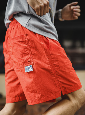 马登工装美式橘红色海边度假沙滩短裤塔丝隆外穿休闲5分裤男夏季