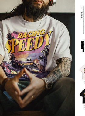 马登工装美式复古白色大印花T恤高街潮流纯棉艺术宽松短袖男夏季