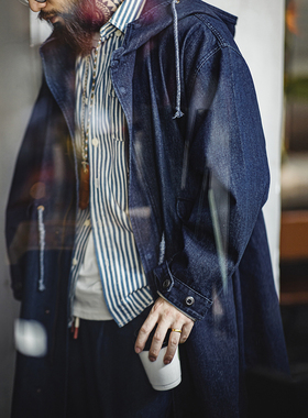 马登工装 美式复古M51丹宁牛仔鱼尾风衣宽松中长款连帽外套男春