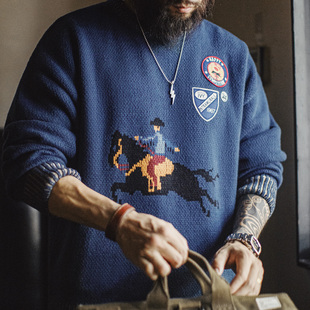 男春冬 复古刺绣撞色毛衣保暖撞色外穿螺纹领口针织衫 马登工装 美式