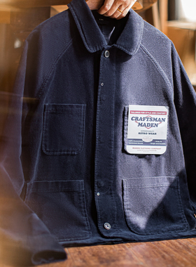 马登工装美式复古灯芯绒四袋猎装夹克短款藏蓝色翻领薄款外套男春