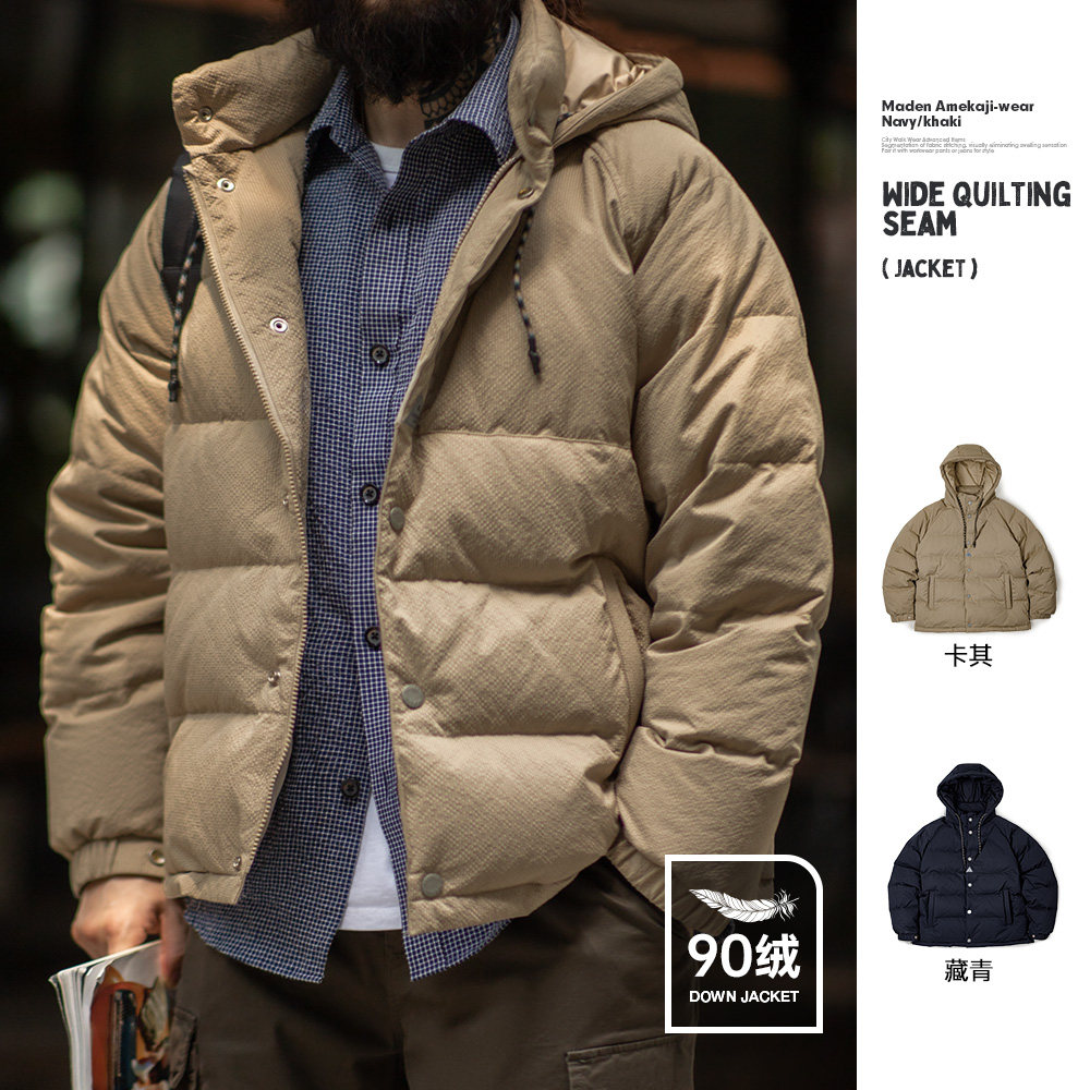马登工装美式复古宽绗缝羽绒服90白鸭绒卡其色连帽面包服外套男冬