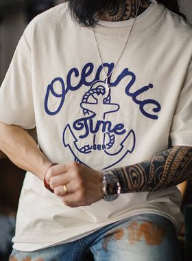 马登工装美式复古海军刺绣T恤白色重磅竹节棉螺纹领口短袖男夏季