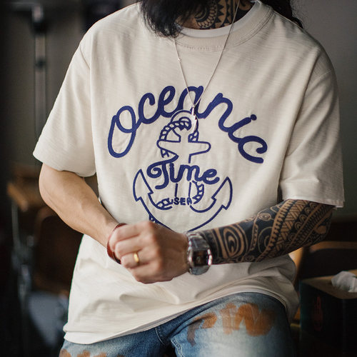 马登工装美式船锚竹节棉刺绣短袖