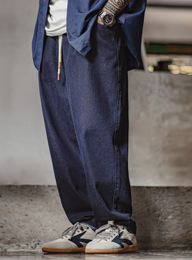 马登工装美式休闲Jogger丹宁牛仔裤松紧腰抽绳水洗直筒老爹裤男秋